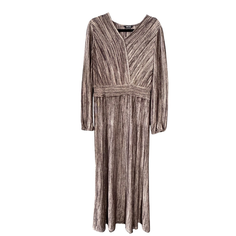 Misook Dress‎ Womens Large Brown Striped Knit Pleated V Neck Long Sleeve Maxi